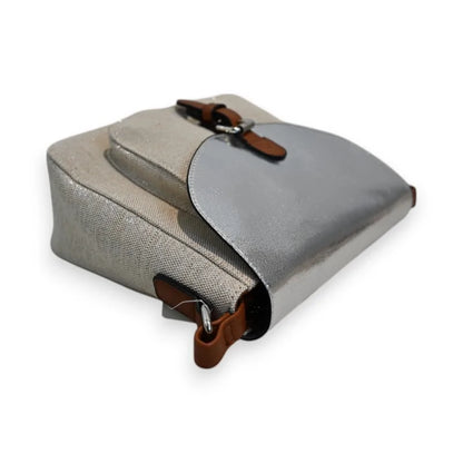 Umhängetasche aus Leinen und Silber mit Details aus braunem Leder, elegantes und kom...