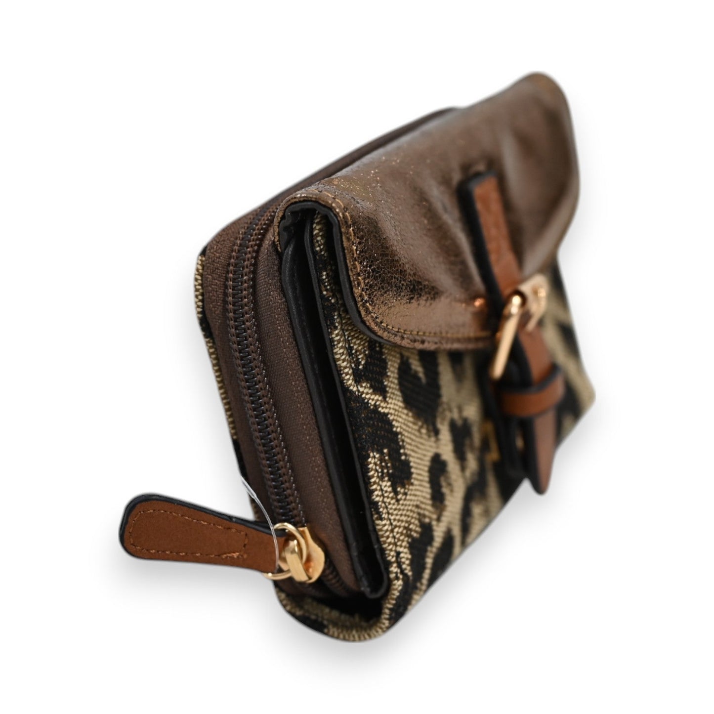 Elegantes Portemonnaie mit Leopardenmuster und Bronzeakzenten, Reißverschluss und Lederdetails, Marke Melanie Paris