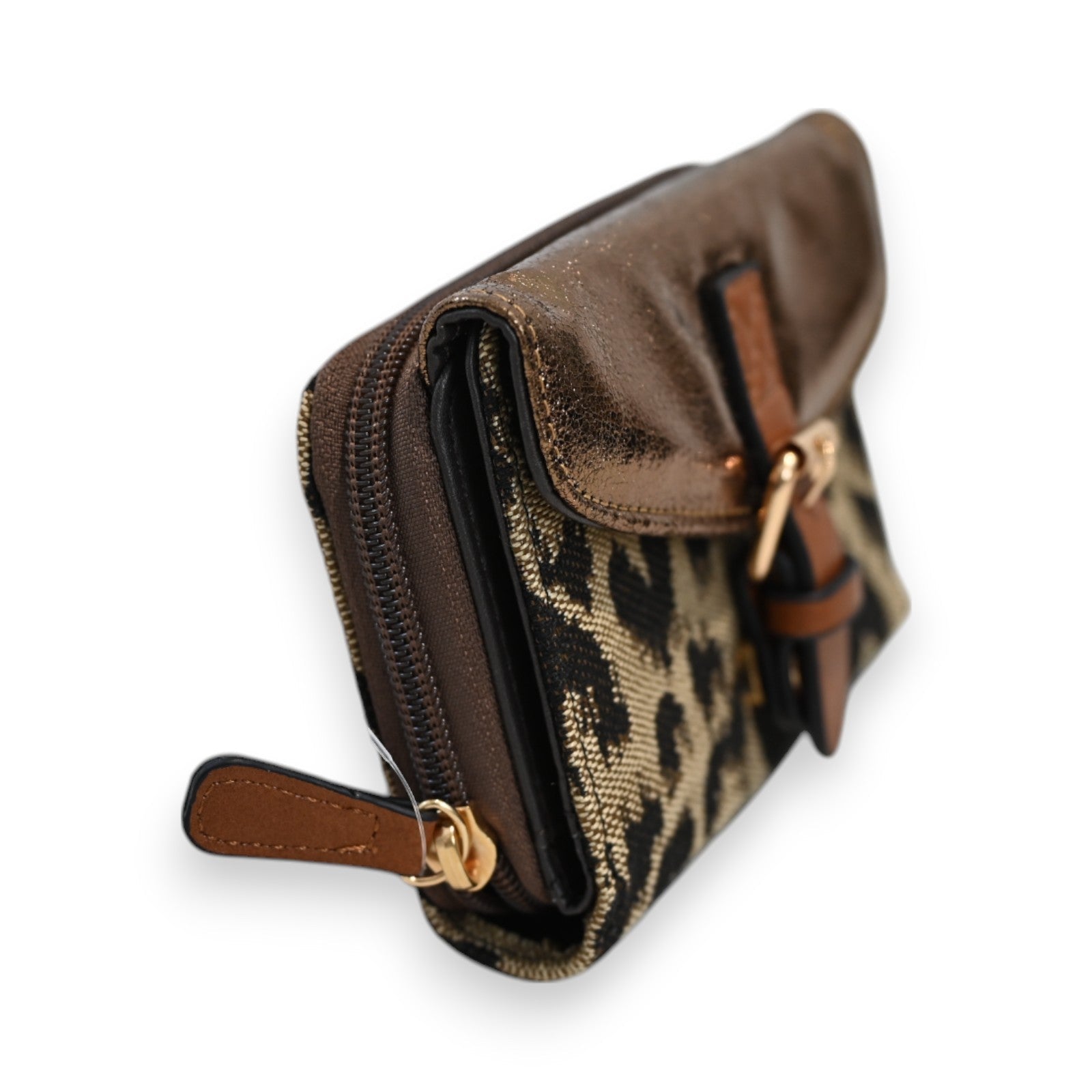 Elegantes Portemonnaie mit Leopardenmuster und Bronzeakzenten, Reißverschluss und Lederdetails, Marke Melanie Paris