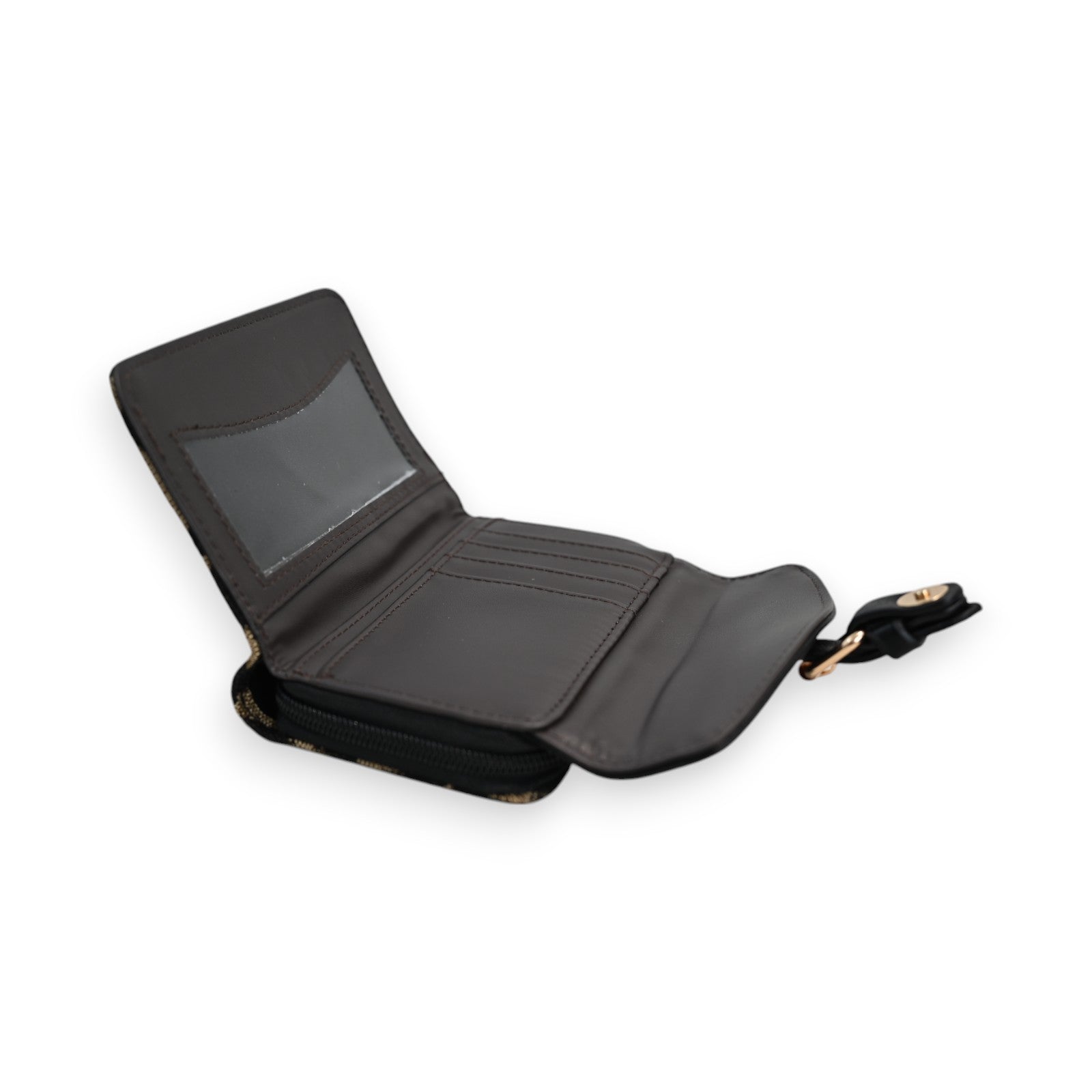 Kompakte zweifarbige Leoparden-Geldbörse in Schwarz, geöffnet, mit Kartenfächern und Reißverschluss, von Melanie Paris