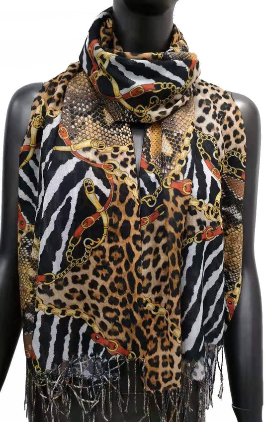Gedrucktes Halstuch mit Tierhaut- und braunen Kettenmotiven