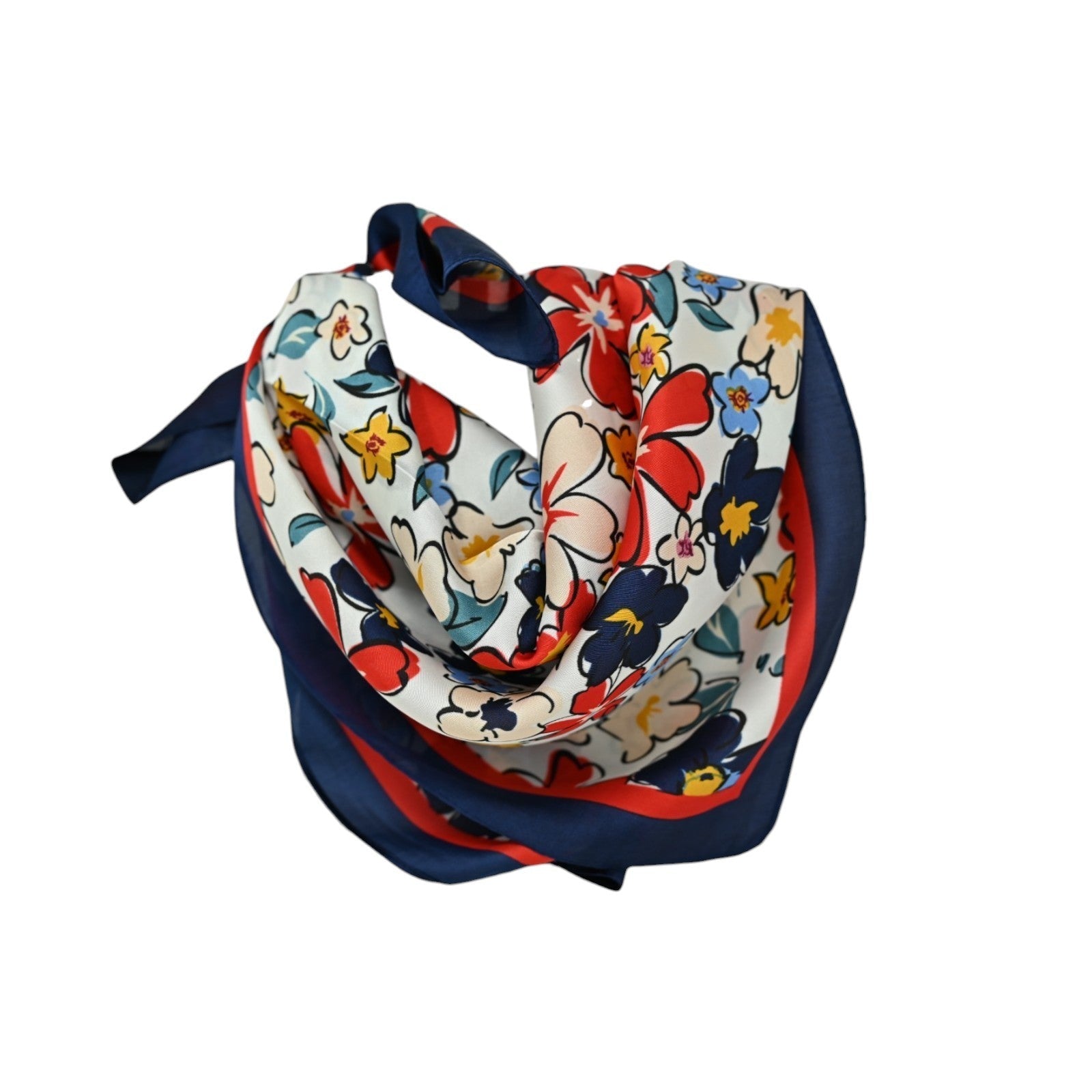 Buntes Seidentuch mit Blumenmuster in Rot, Blau und Gelb auf weißem Grund, umrandet von marineblauem Rand