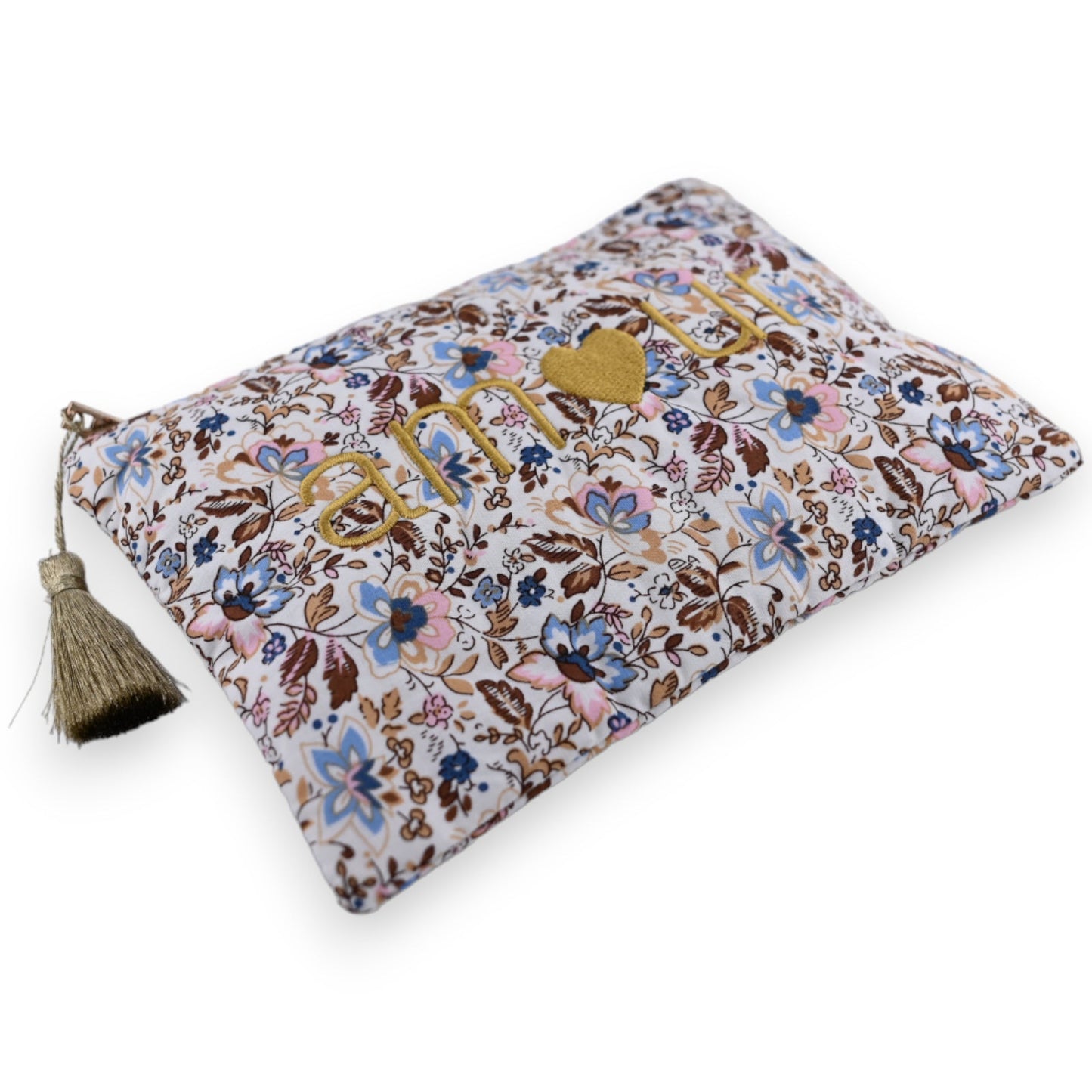 Geblümte Stofftasche mit goldenem 'Liebe' Schriftzug und Herz, Quaste am Reißverschluss, pastellfarbenes Blumenmuster