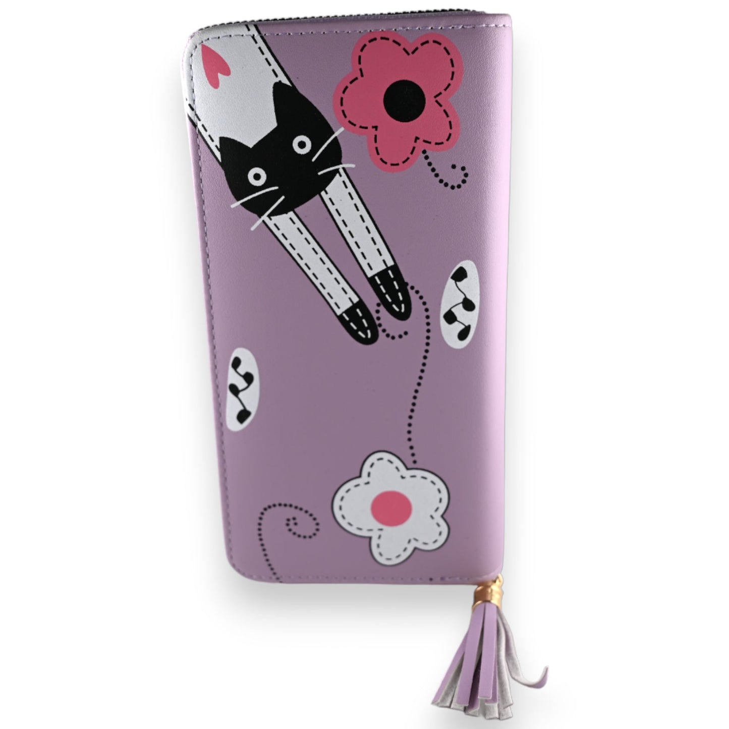 Lila Geldbörse mit niedlichem Katzenmotiv, Blumen und Herzen, dekorative Nähte und Quaste, modisches Accessoire