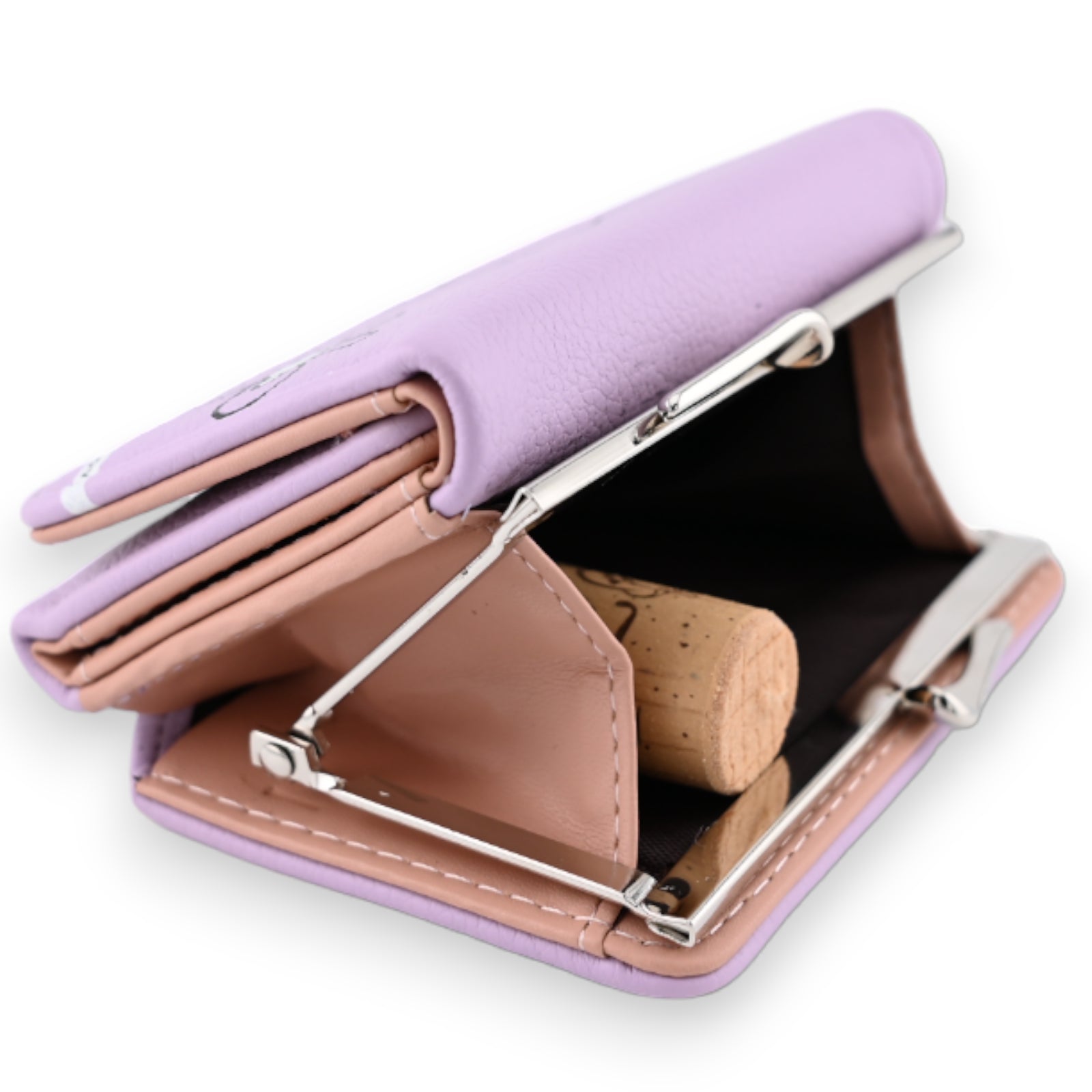 Kompakte Geldbörse in Lavendel und Rosa mit Katzenmotiv, geöffnet mit Münzfach und Kartenfächern sichtbar