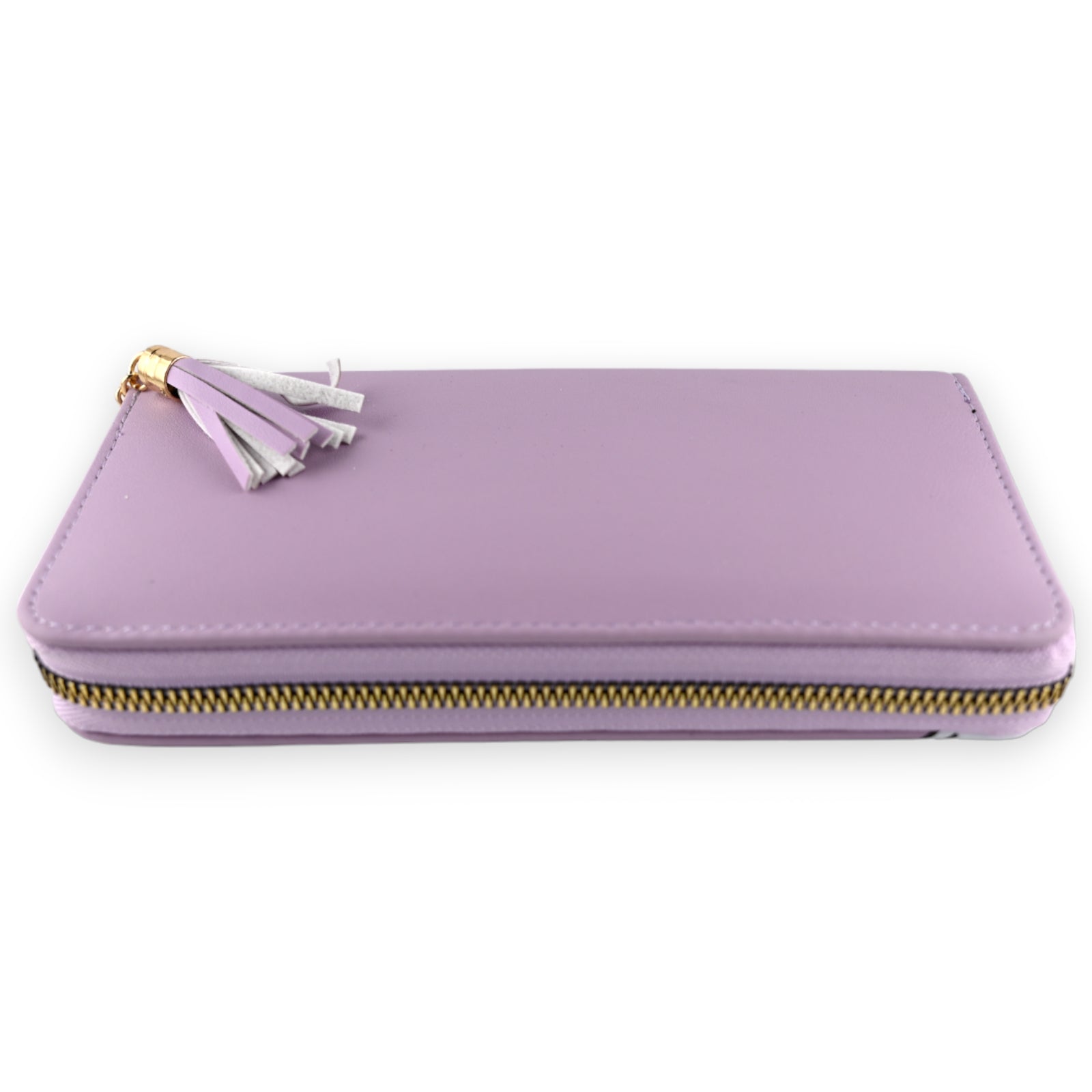 Pastellviolette Leder-Geldbörse mit Reißverschluss und dekorativer Quaste, elegant und kompakt