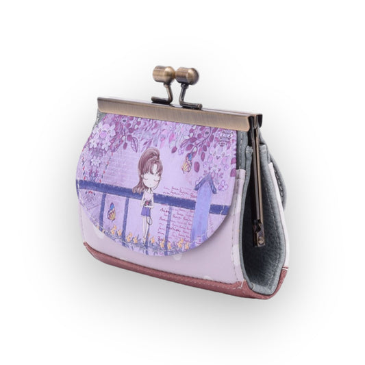 Kleines lila Portemonnaie mit Metallverschluss, verziert mit niedlichem Anime-Mädchen und Blumenmuster, Sweet & Candy Design