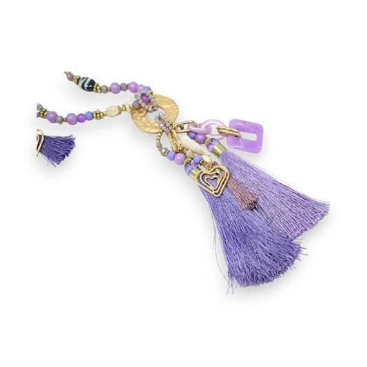 Fantasie Lilas Halskette mit lila Quasten, goldenem Medaillon, Perlen und Herz-Charm in Lila- und Goldtönen