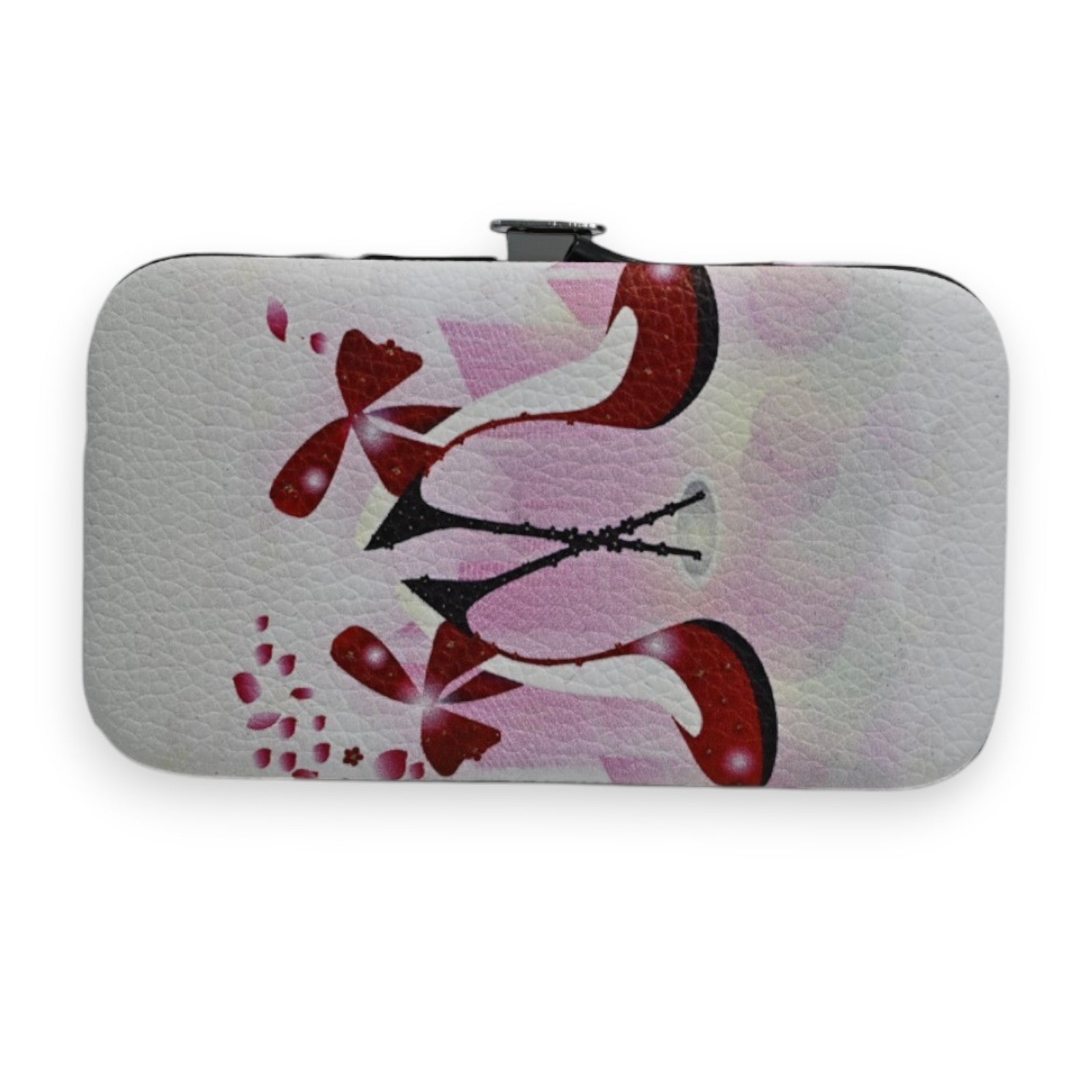 Luxuriöses Maniküre-Set-Etui mit eleganter Blumenzeichnung in Rot und Rosa auf weißem Leder, 6-teilig
