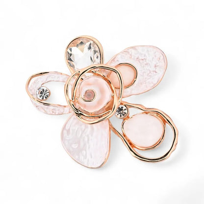 Magnetische Brosche abstrakte Blume weiße Perlmutt roségold transparenter Kristall - eleganter Luxusschmuck