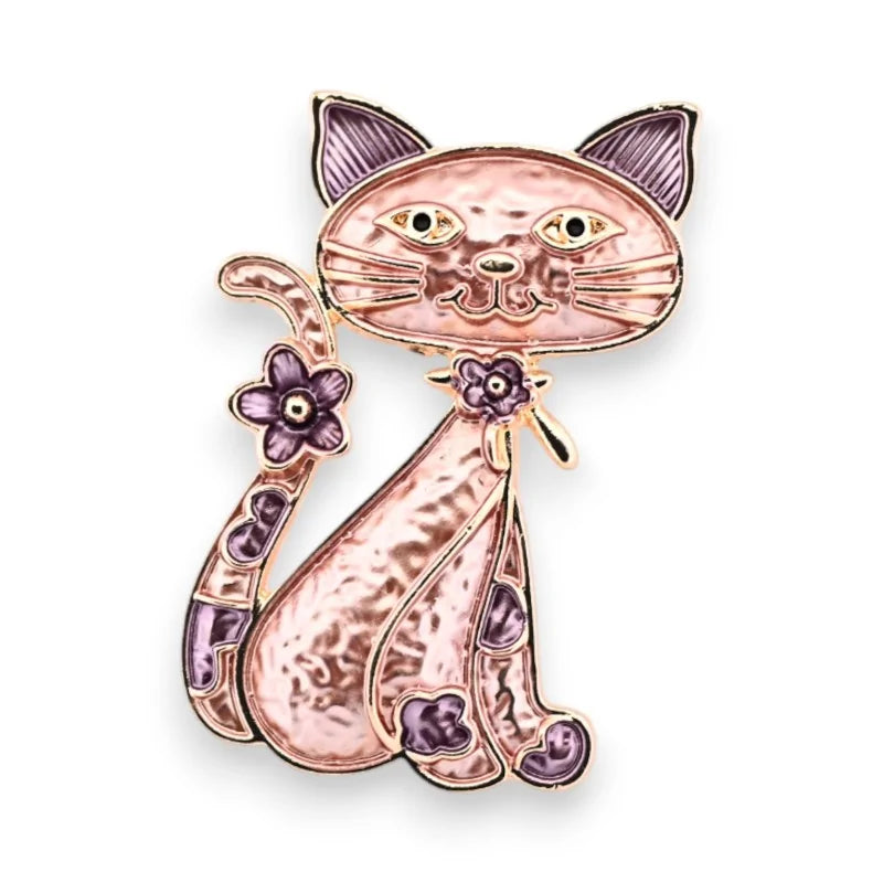 Elegante Magnetbrosche Katze Roségold mit violetter Blume