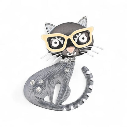 Magnetische Brosche graue Katze beige Brille Hipster Strass Schnurrbart - geek chic Katzen-Schmuck