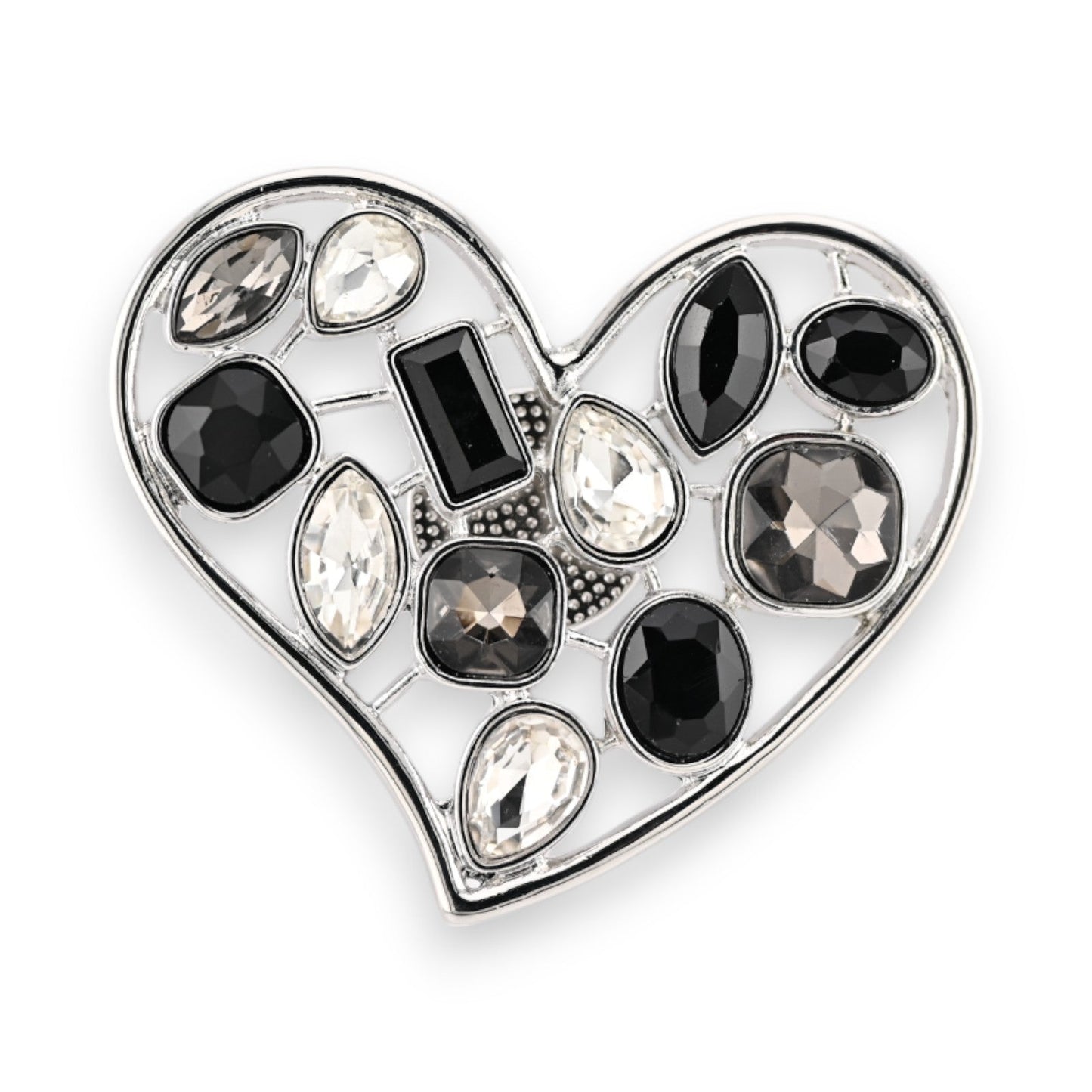 Magnetische Brosche Glamouröses Herz Silber Schwarz und Weiß