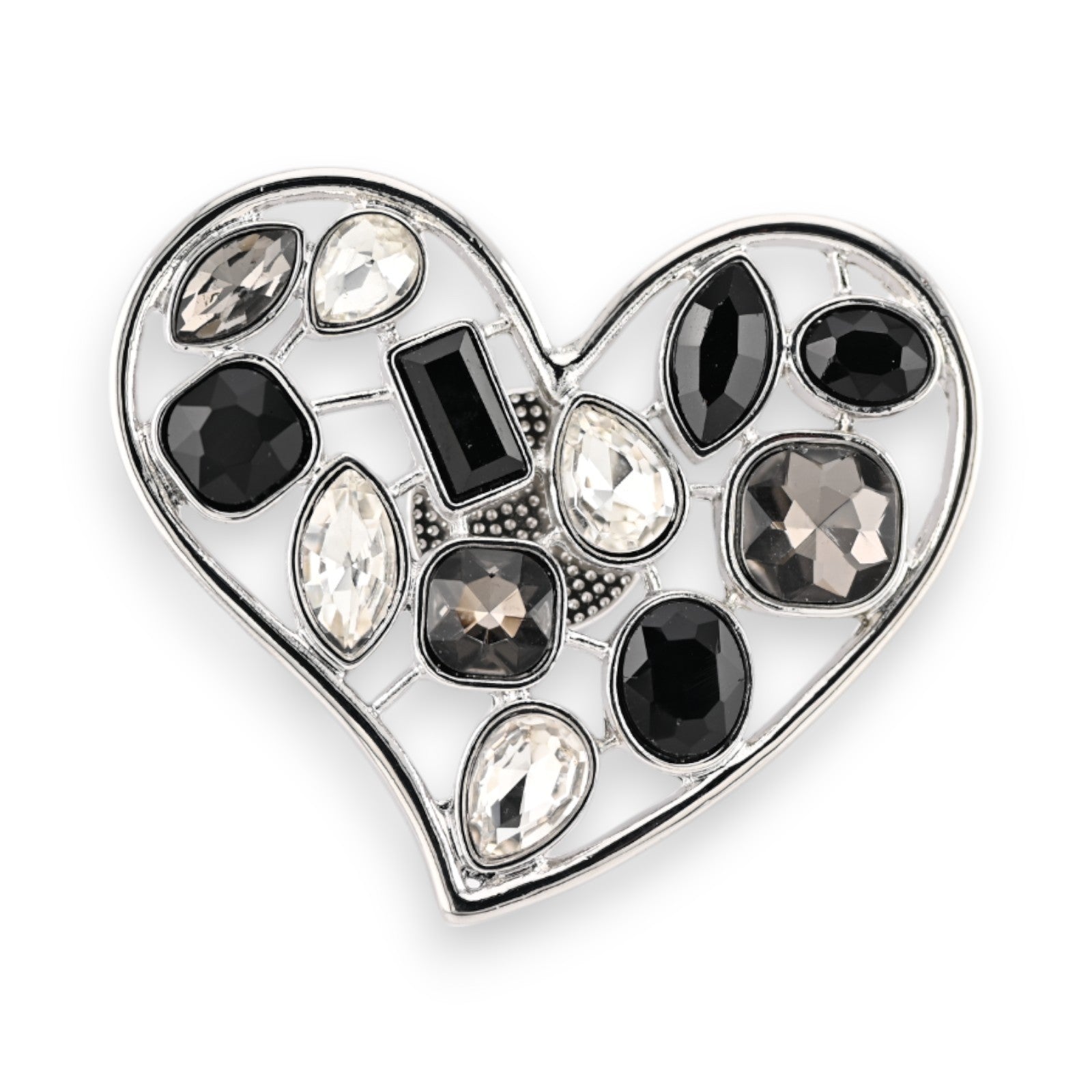 Magnetische Brosche Glamouröses Herz Silber Schwarz und Weiß