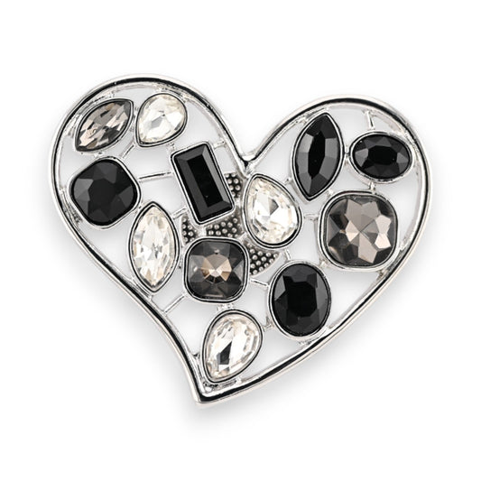 Magnetische Brosche Glamouröses Herz Silber Schwarz und Weiß