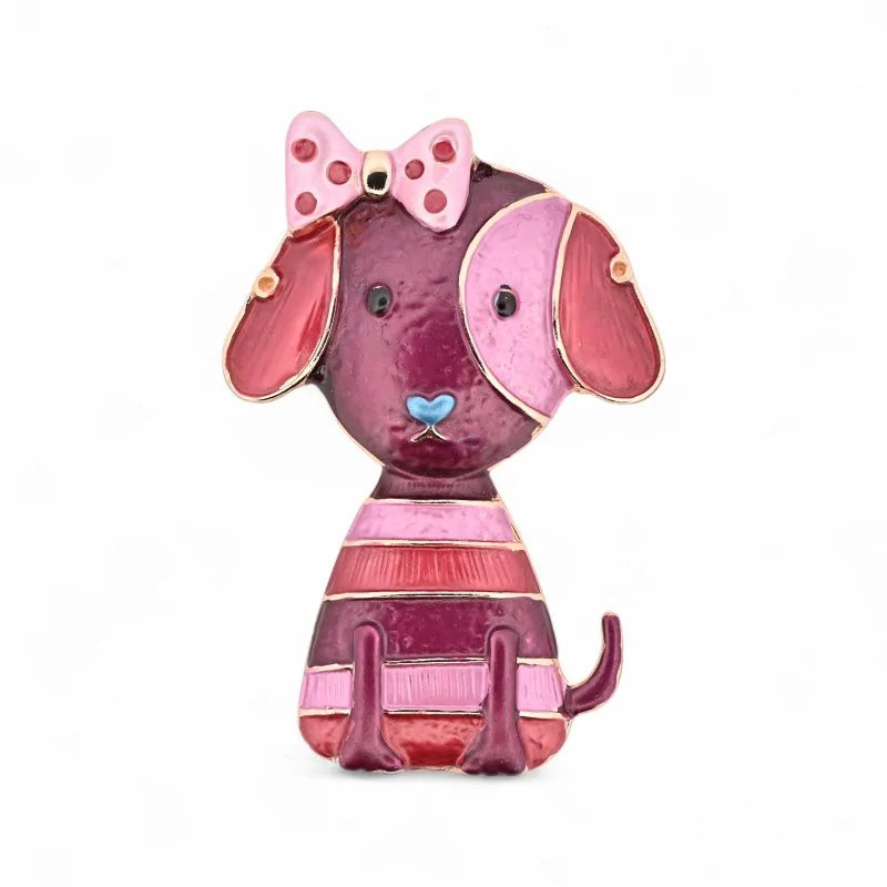 Magnetische Brosche Hund hängende Ohren rosa Schleife Punkte lila Streifen - kawaii girly Schmuck