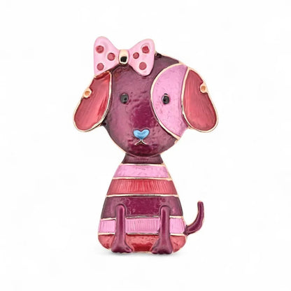Magnetische Brosche Hund hängende Ohren rosa Schleife Punkte lila Streifen - kawaii girly Schmuck