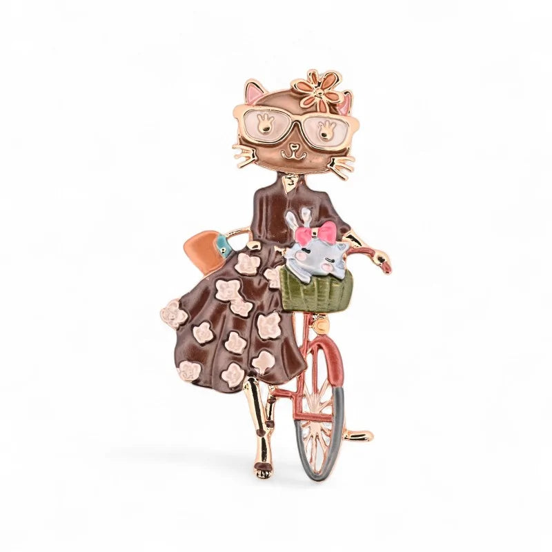 Magnetische Brosche Katze Fahrrad Kätzchen Korb rosa Brille - romantischer detaillierter Katzenschmuck