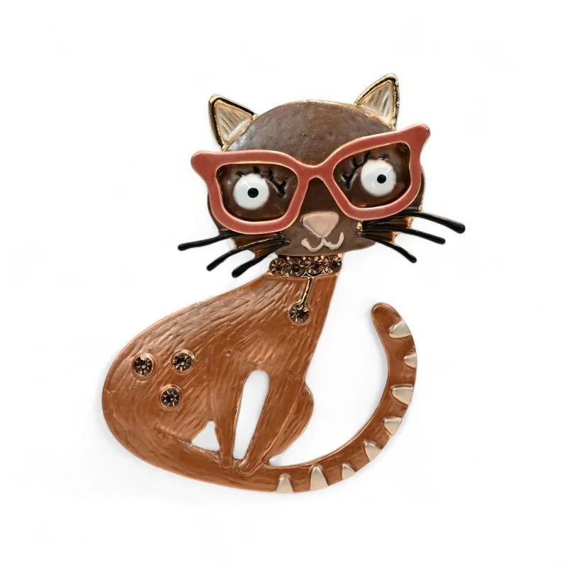 Magnetische Brosche Katze mit brauner Brille