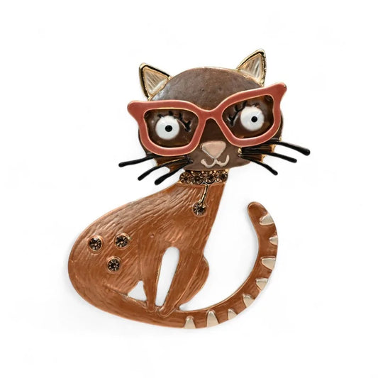 Magnetische Brosche Katze mit brauner Brille