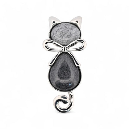 Magnetische Katzen-Brosche mit silberner Schleife - minimalistischer Mineralschmuck