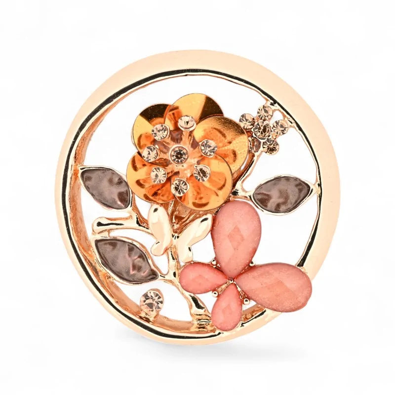 Magnetische Brosche Kreis Roségold orange Blume rosa Schmetterling Strass - romantischer Blütenschmuck