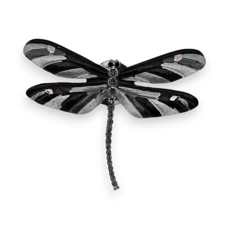 Magnetische Brosche Silberne und Schwarze Libelle