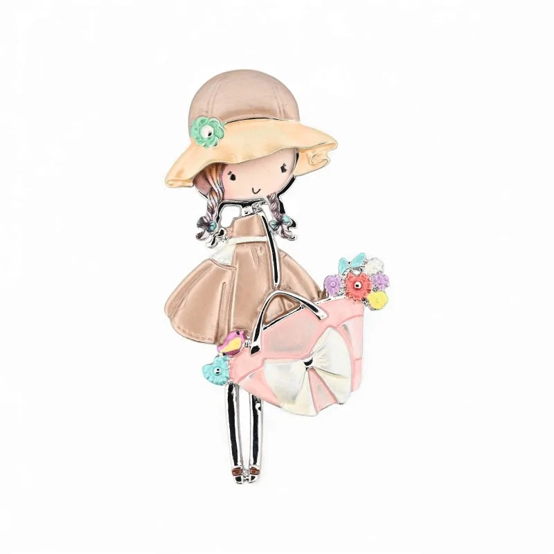 Magnetische Brosche Mädchen rosa Handtasche Hut 7,5cm