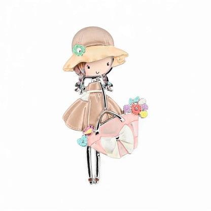 Magnetische Brosche Mädchen rosa Handtasche Hut 7,5cm