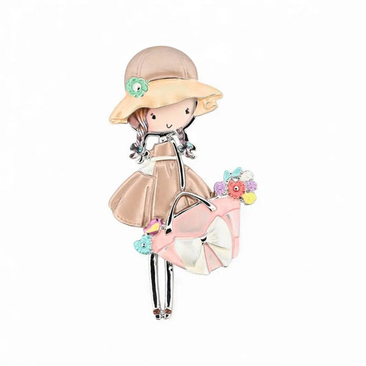 Magnetische Brosche Mädchen rosa Handtasche Hut 7,5cm