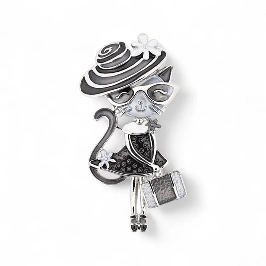 Magnetische Brosche Pariser Kätzchen schwarzer weißer gestreifter Spiralhut - eleganter monochromer Katzenschmuck