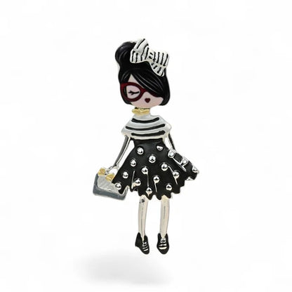 Magnetische Brosche Pariserin schwarze Punkte rote Brille - französischer Vintage-Stil