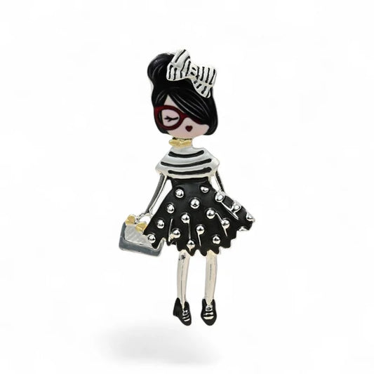 Magnetische Brosche Pariserin schwarze Punkte rote Brille - französischer Vintage-Stil