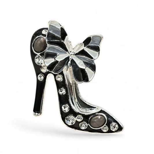 Magnetische Brosche schwarzer Pumps zweifarbige Schleife Strass - magnetischer hoher Absatz