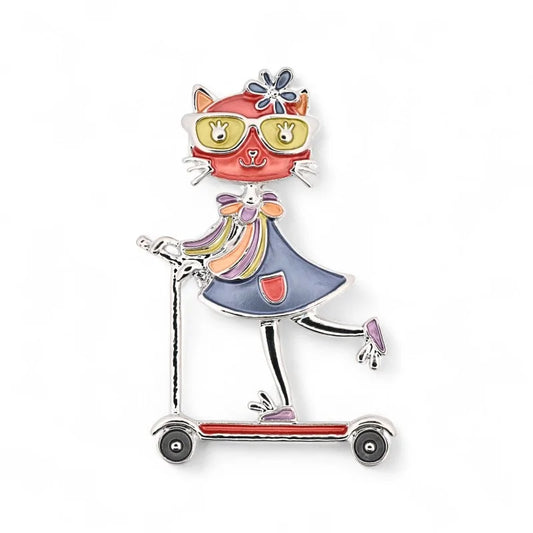 Magnetische Brosche rote Katze Roller Regenbogenschal gelbe Brille - bunter urbaner Katzenschmuck