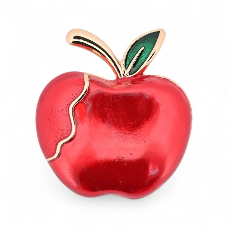 Magnetische Brosche angebissener roter Apfel emailliert vergoldet - fantasievoller Frucht-Schmuck für Genießer