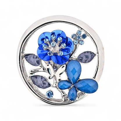 Magnetische runde Brosche blaue Blume Schmetterling Strass Kristall - silbernes Blütenschmuckstück