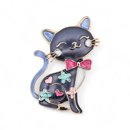 Magnetische Brosche schwarze Katze rosa Schleife türkise Blumen - emaillierter Katzenschmuck kawaii