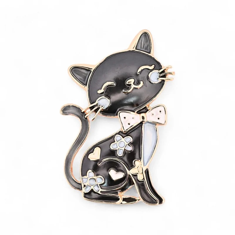 Magnetische Brosche schwarze Katze Vintage Fliege Punkte Herzen Blumen - retro schicker Schmuck