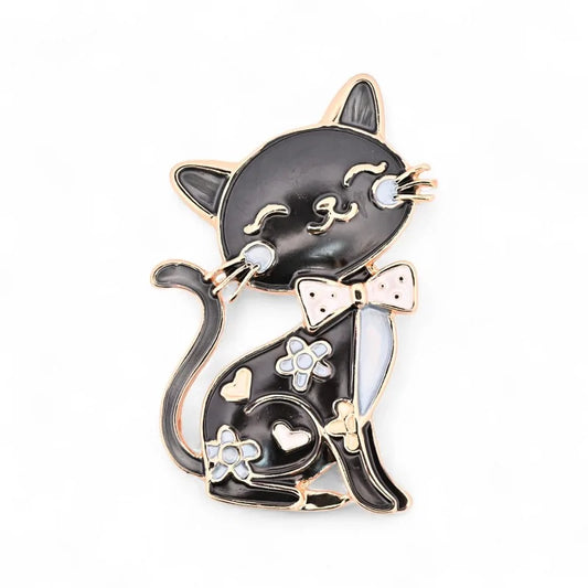 Magnetische Brosche schwarze Katze Vintage Fliege Punkte Herzen Blumen - retro schicker Schmuck