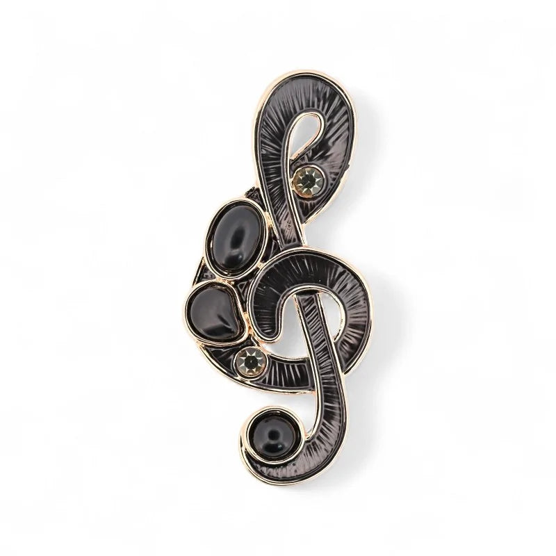 Magnetische Brosche Violinschlüssel schwarz roségold Cabochon-Steine gestreifte Textur - luxuriöser Musikschmuck