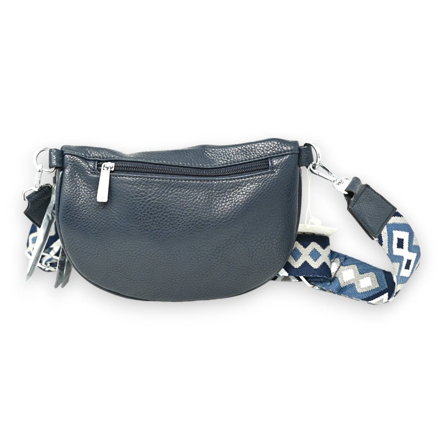Marineblaue Leder-Bauchtasche mit Reißverschluss und gewebtem Schulterriemen in Blau-Weiß-Muster