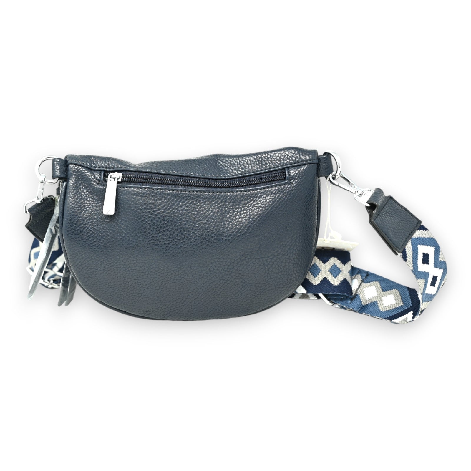 Marineblaue Leder-Bauchtasche mit Reißverschluss und gewebtem Schulterriemen in Blau-Weiß-Muster