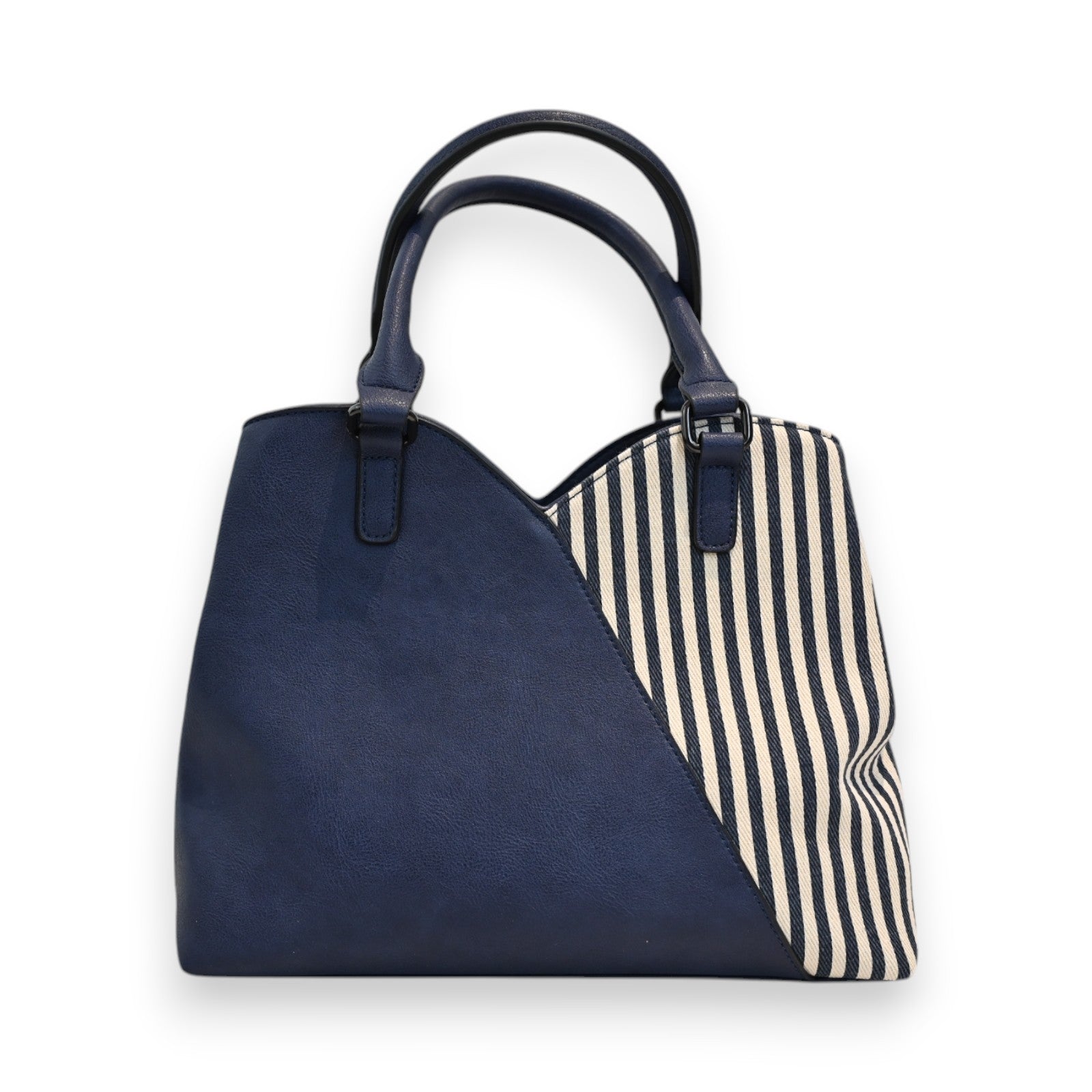 Elegante Damenhandtasche in Marineblau mit gestreiftem Muster, zwei Henkeln und stylischem Design