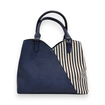 Elegante Damenhandtasche in Marineblau mit gestreiftem Muster, zwei Henkeln und stylischem Design