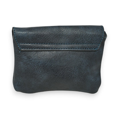 Kleine dunkelblaue Ledergeldbörse mit Klappe, kompaktes Design für Münzen und Karten, strukturiertes Leder