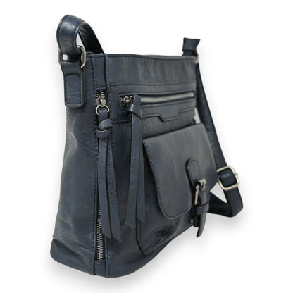 Marineblaue Leder-Umhängetasche mit mehreren Reißverschlusstaschen, Schnallen und verstellbarem Schultergurt