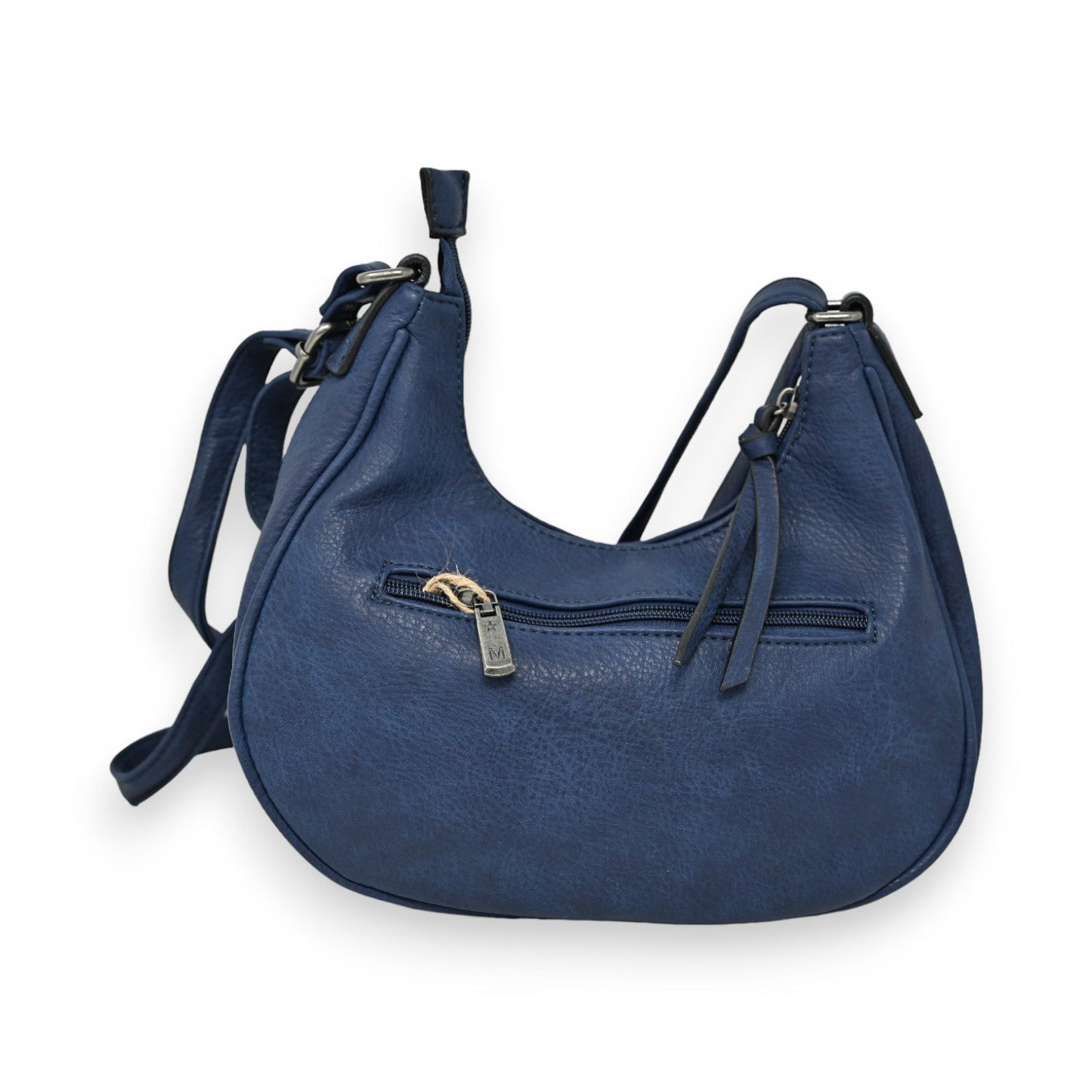 Marineblaue Leder-Umhängetasche mit geschwungener Form, Reißverschluss und verstellbarem Schulterriemen