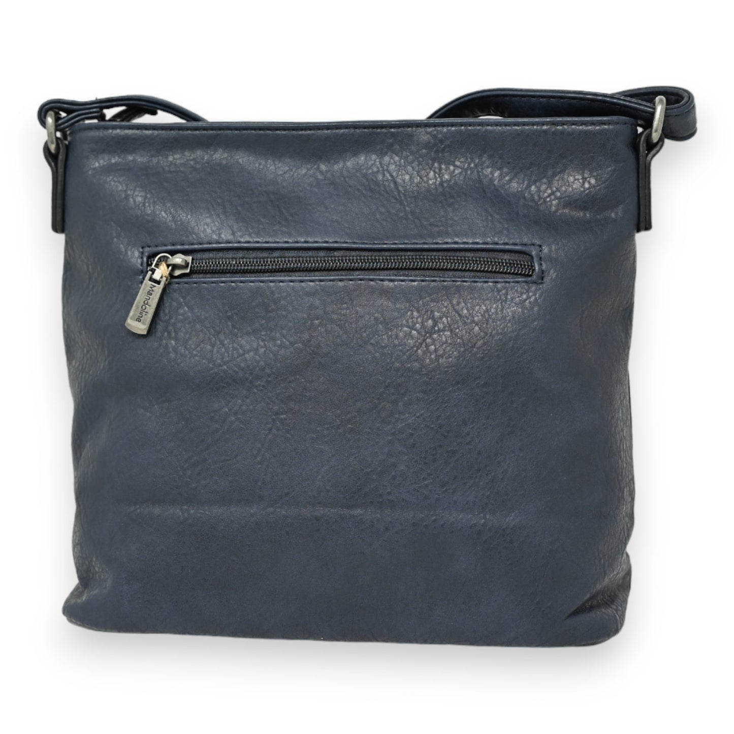 Marineblauer Leder-Umhängetasche mit Reißverschlusstasche vorne, quadratische Form und verstellbarem Schulterriemen