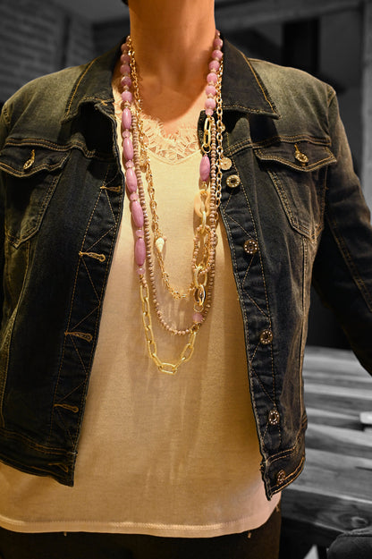 Fantasie-Mehrreihige, goldene und fliederfarbene Halskette